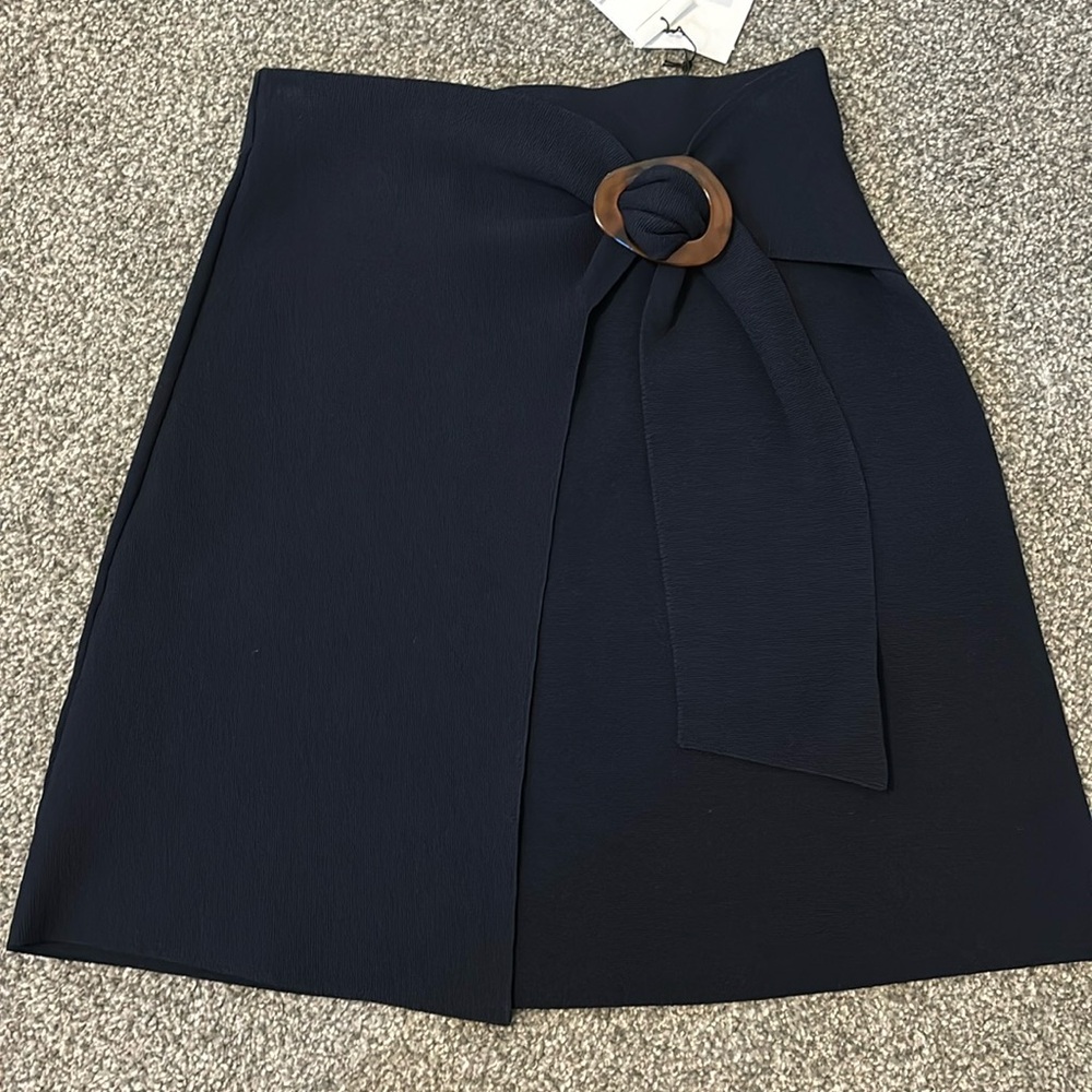 Wrap-Effect Buckled Stretch-Ponte Mini Skirt in Navy - US 2